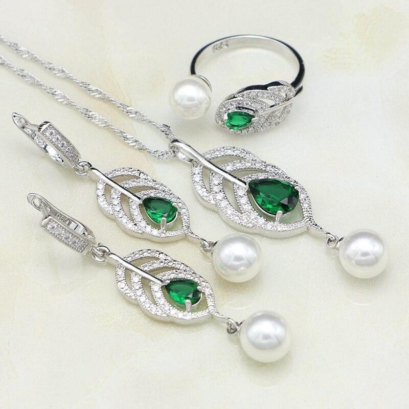925 Silver Natural Green AAA+ Cubic Zirconia White Pearl Jewellery Set - The Jewellery Supermarket