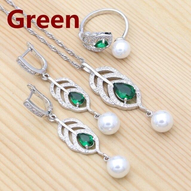 925 Silver Natural Green AAA+ Cubic Zirconia White Pearl Jewellery Set - The Jewellery Supermarket