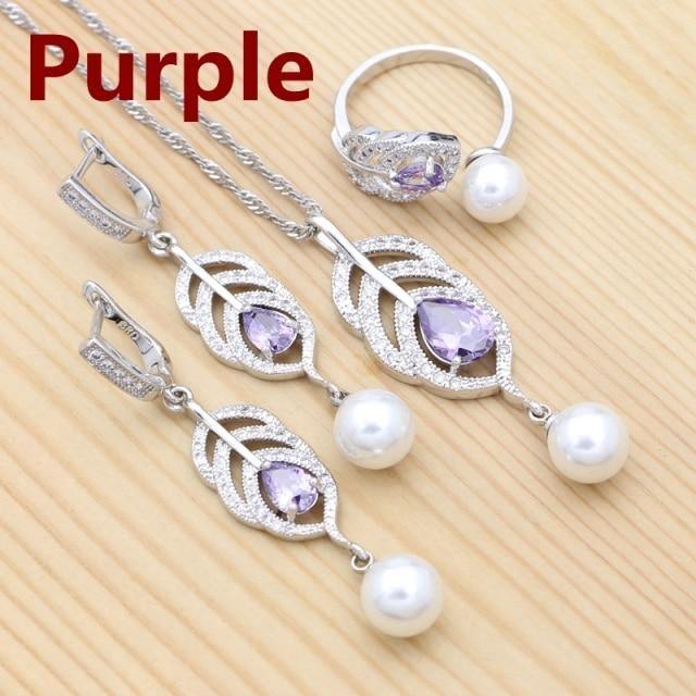 925 Silver Natural Green AAA+ Cubic Zirconia White Pearl Jewellery Set - The Jewellery Supermarket