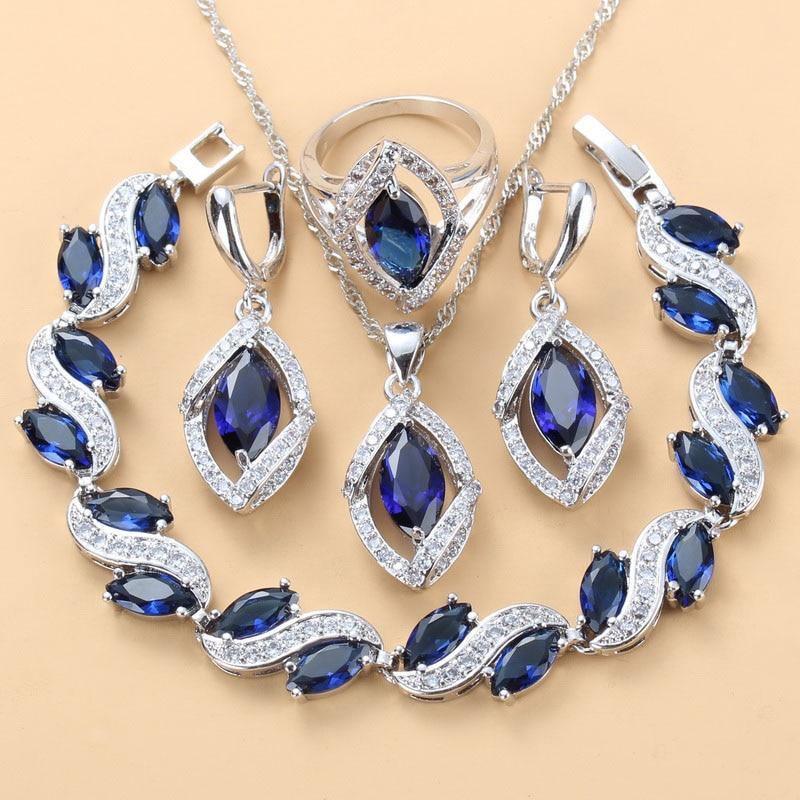 925 Sterling Silver Wedding Accessories Women Bridal Jewelry Sets With Natural Stone CZ Blue Bracelet And Ring Sets - The Jewellery Supermarket