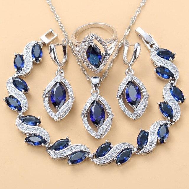 925 Sterling Silver Wedding Accessories Women Bridal Jewelry Sets With Natural Stone CZ Blue Bracelet And Ring Sets - The Jewellery Supermarket