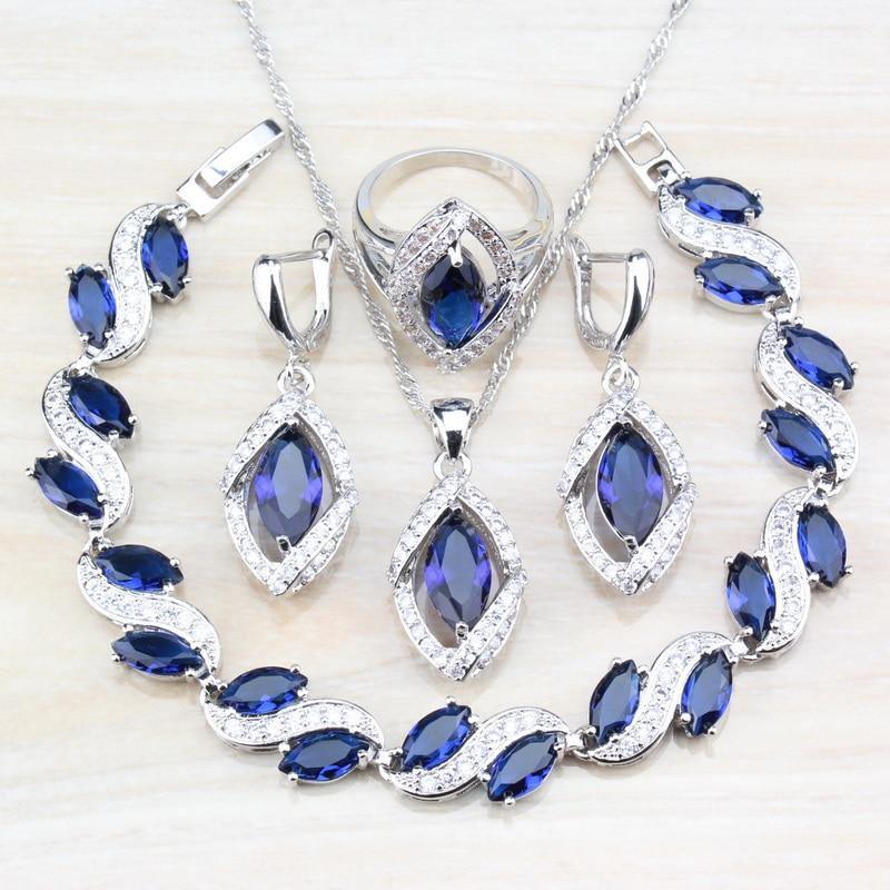 925 Sterling Silver Wedding Accessories Women Bridal Jewelry Sets With Natural Stone CZ Blue Bracelet And Ring Sets - The Jewellery Supermarket