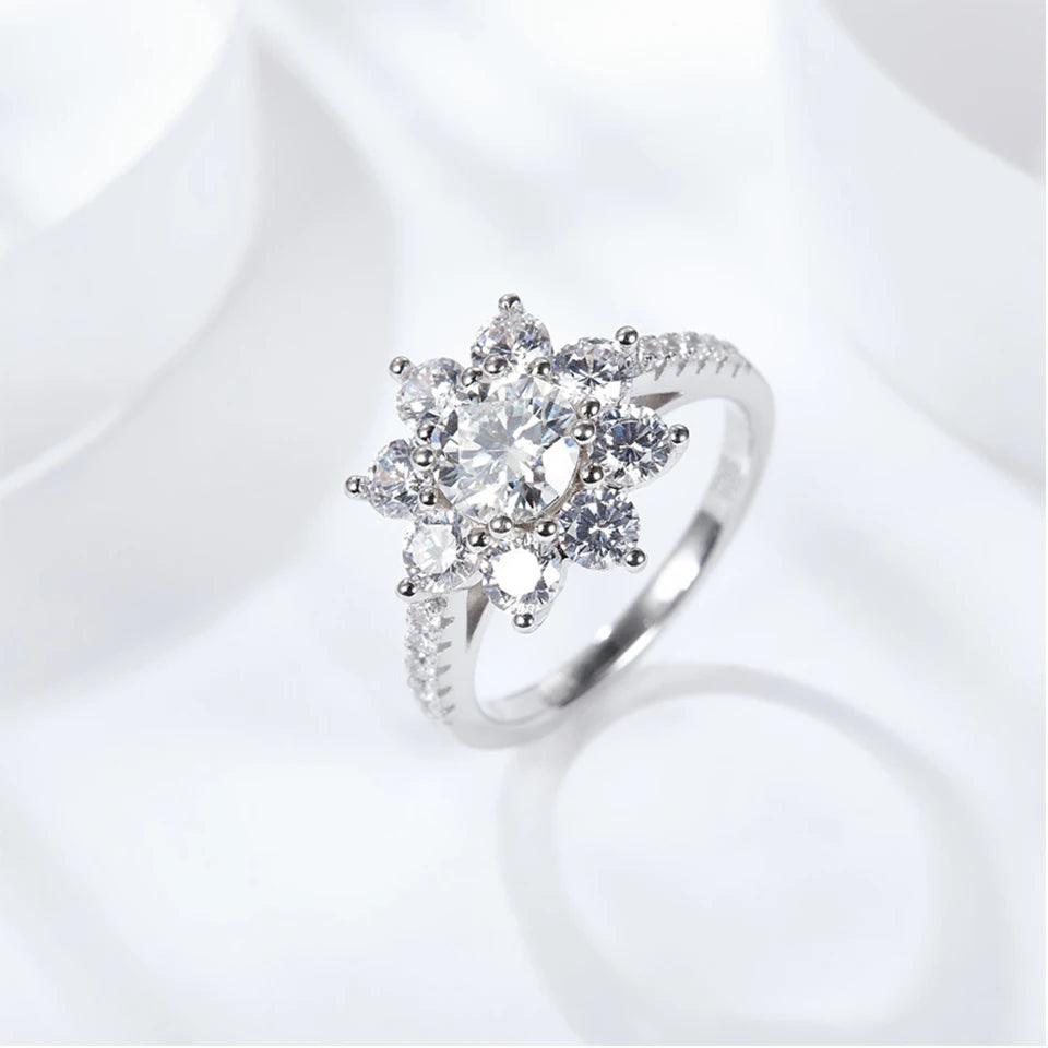 18K White Gold Plated 925 Sterling Silver 2 Carat Sunflower Moissanite Diamonds Engagement Weddings Rings For Women