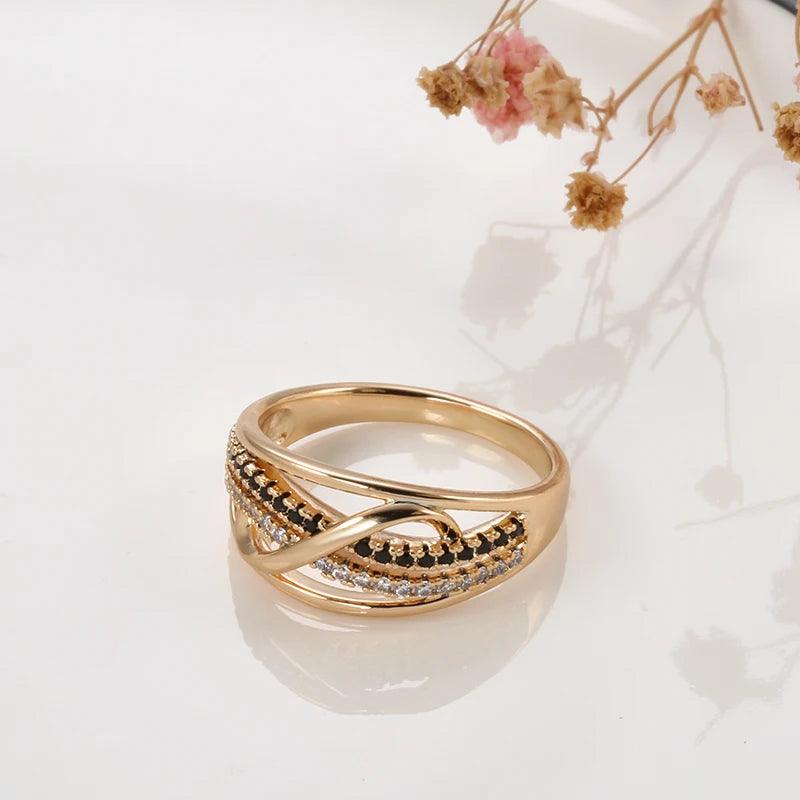 Luxury Fashion Waves Design 14K Filled Rose Gold With Black White AAA Zircon Diamonds  Rings, High Quality Jewellery