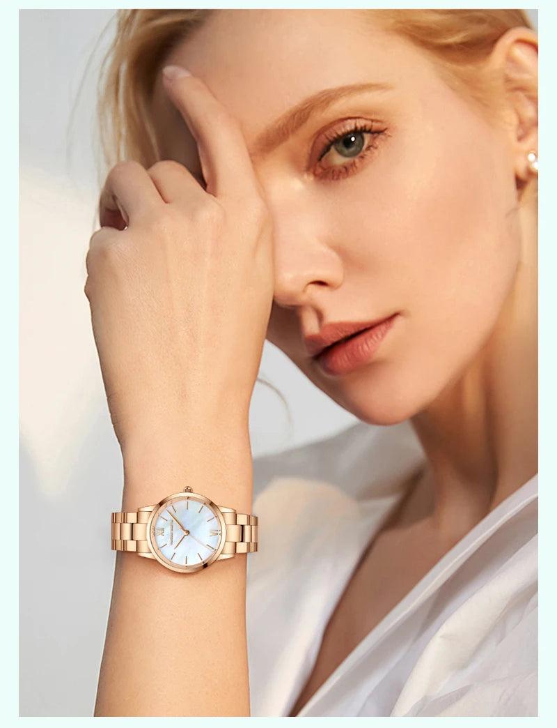 Top Brand Elegant Style Gold Stainless Steel Green Stone Dial Quartz Shell Pearl Oyster Waterproof Ladies Watches