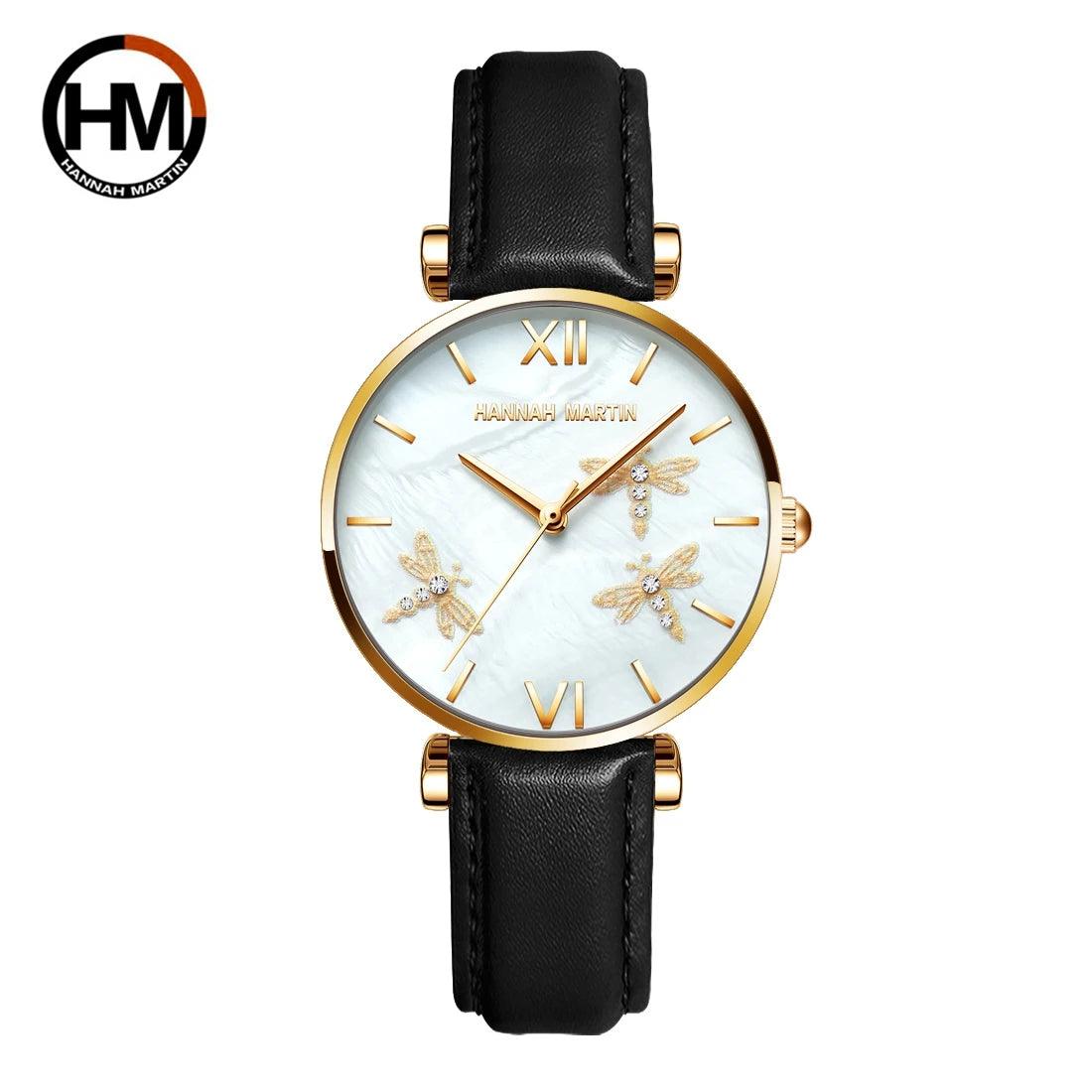 New Elegant Dragonfly Design White Oyster Pearl Shell Scallop Dial Quartz Ladies Watch Stainless Steel Women Watches