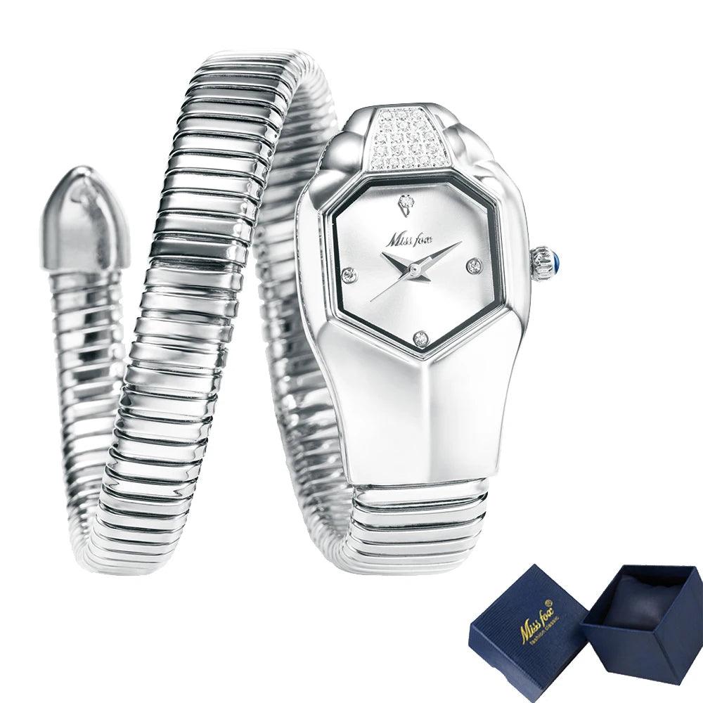Hot Fashion Stainless Steel Bangle Snake Shape Zircon Diamond Ladies Watches - Quartz Silver Colour Wristwatches