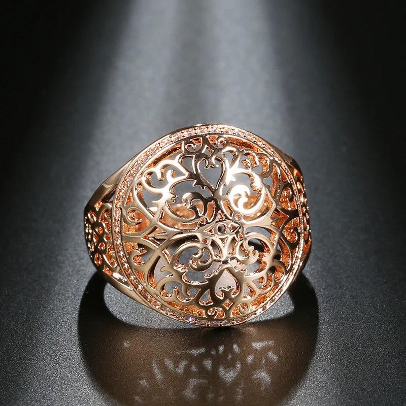 Lovely New Hollow Flower Filled 14K Rose Gold Round Micro-wax Inlay AAA Zircon Diamonds Rings - Party Fine Jewelry