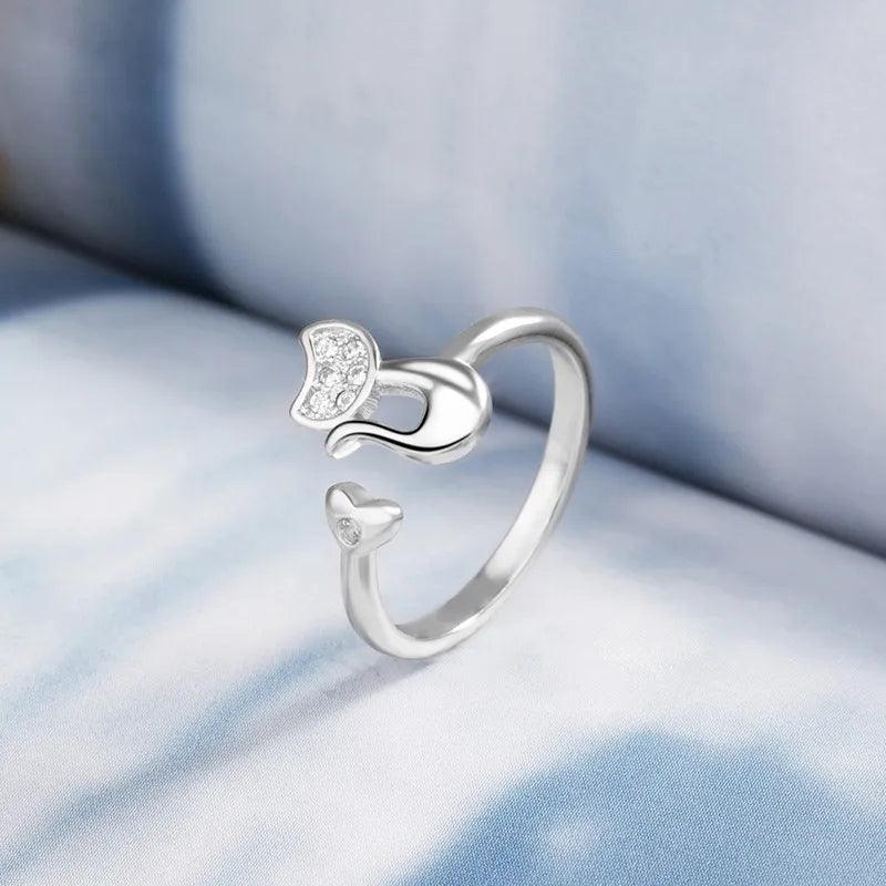New Cute Lifelike Cat Opening Rings For Women and Girls - Trendy Silver Color Adjustable Jewellery Rings - The Jewellery Supermarket