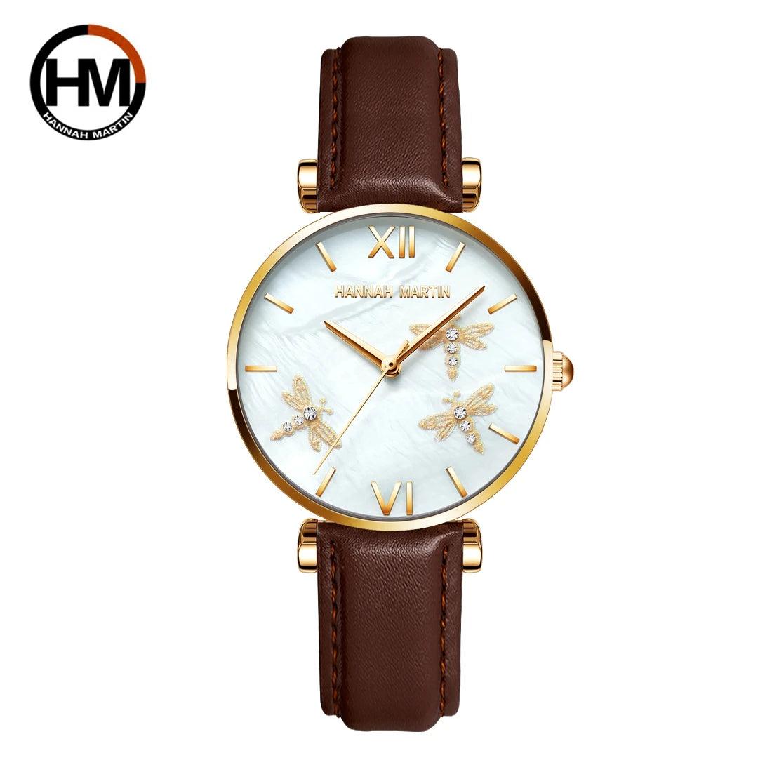 New Elegant Dragonfly Design White Oyster Pearl Shell Scallop Dial Quartz Ladies Watch Stainless Steel Women Watches