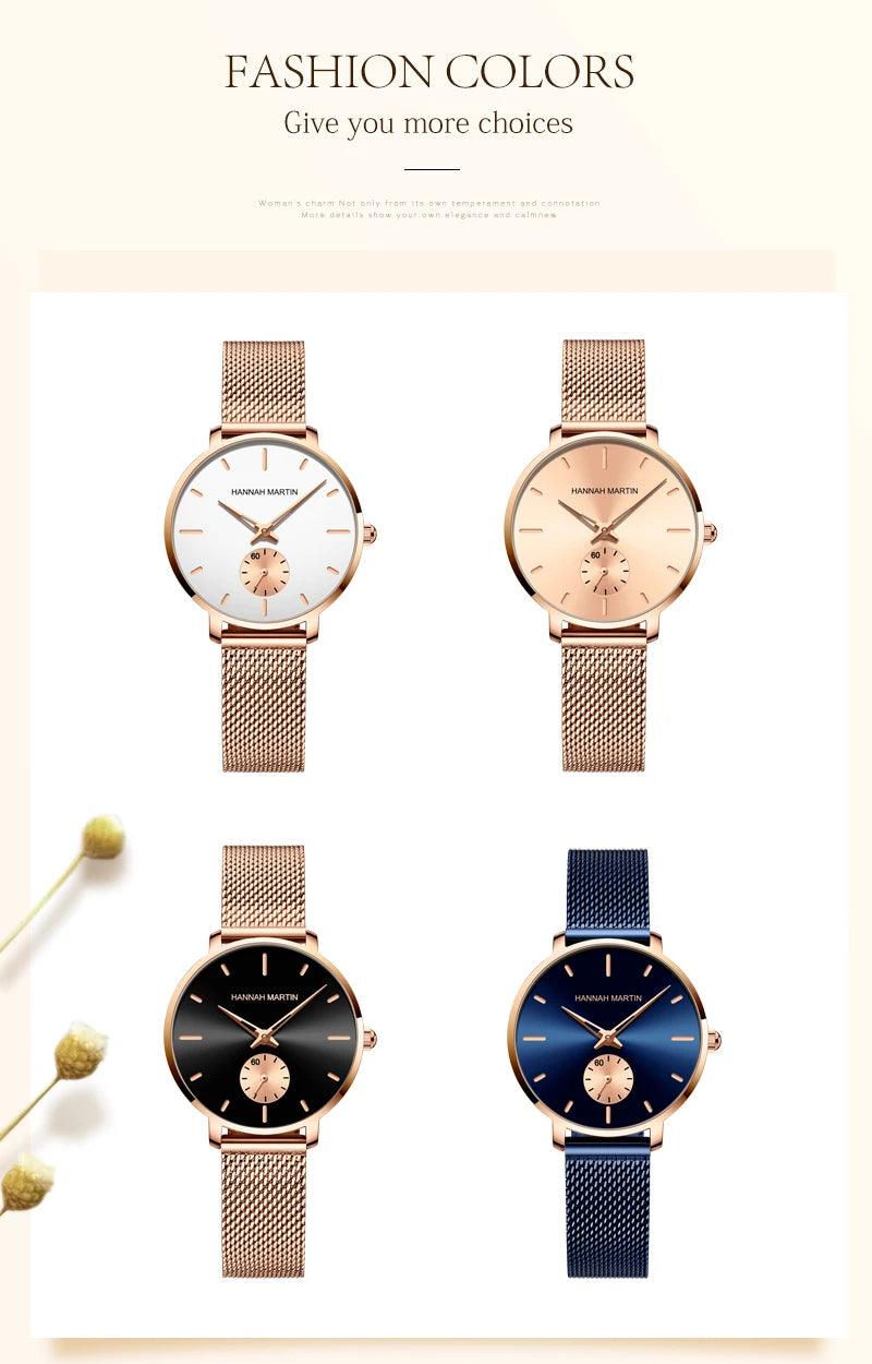 Elegant Simple Fashion Rose Gold Colour Case Ladie's Watch Blue Stainless Steel Mesh Belt Quartz Waterproof Watches