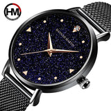 Elegant Golden Tone Ladies Wristwatches Quartz Movement Stainless Steel Mesh Band Night Stars Face Watches For Women