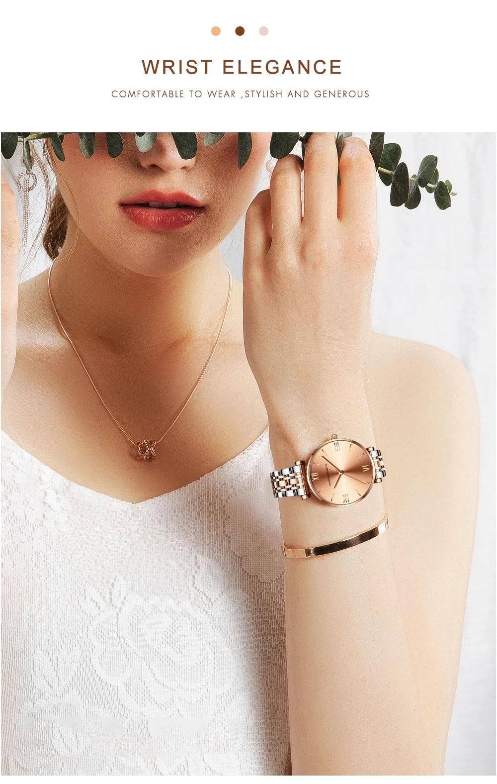 Simple Elegant Round Dial Fashion Stainless Steel Ladies Watches Rose Gold Colour Quartz Wristwatches with Bracelets