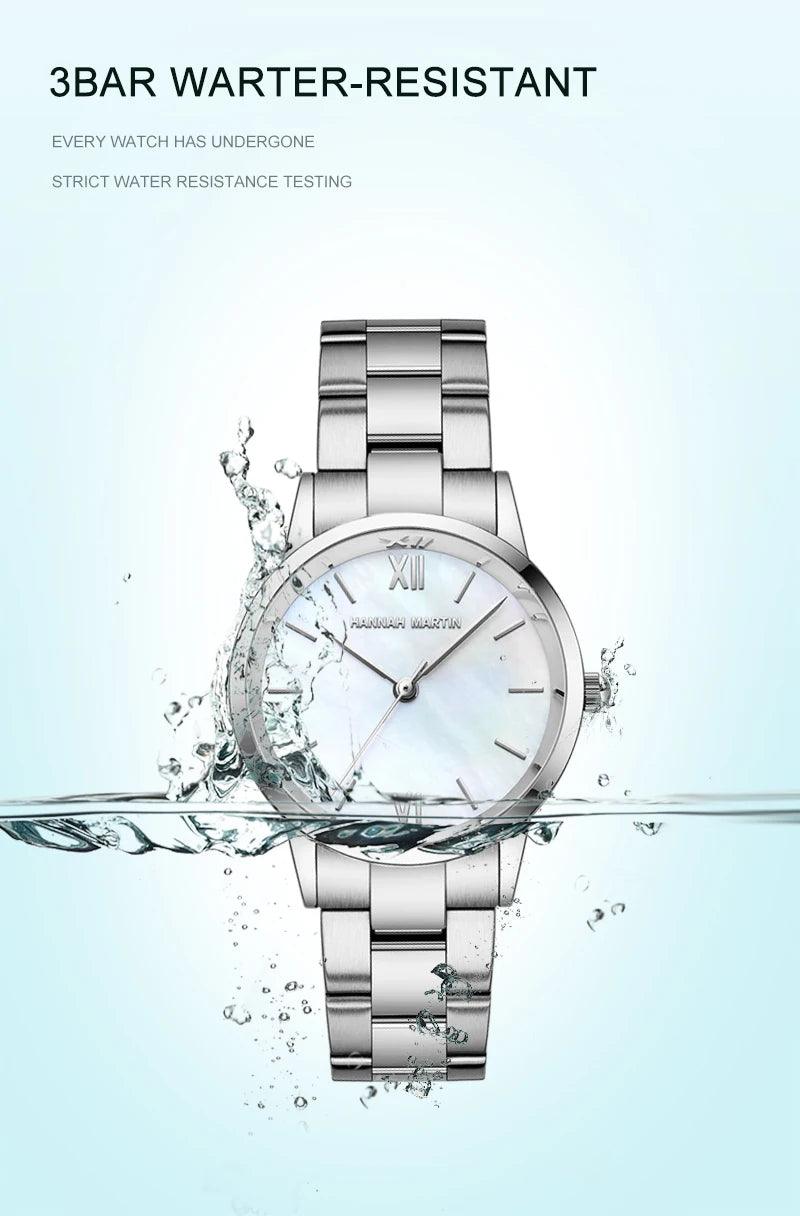 NEW Elegant Quartz Pearl Oyster Jade Stone White Shell Waterproof Ladies Full Stainless Steel Classic Wrist Watches