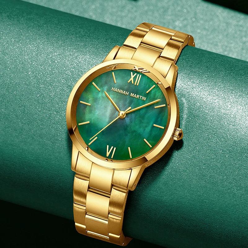 Top Brand Elegant Style Gold Stainless Steel Green Stone Dial Quartz Shell Pearl Oyster Waterproof Ladies Watches