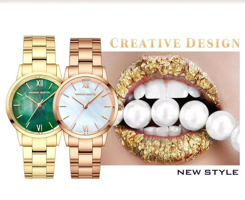 NEW Elegant Quartz Pearl Oyster Jade Stone White Shell Waterproof Ladies Full Stainless Steel Classic Wrist Watches