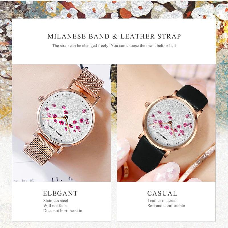 New Design Elegant Red Plum Blossom Dial Female Watch - Quartz Movement Genuine Leather Band  Ladies Wristwatches