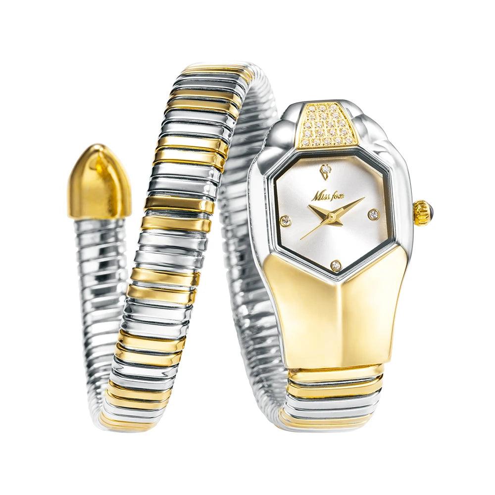 Hot Fashion Stainless Steel Bangle Snake Shape Zircon Diamond Ladies Watches - Quartz Silver Colour Wristwatches