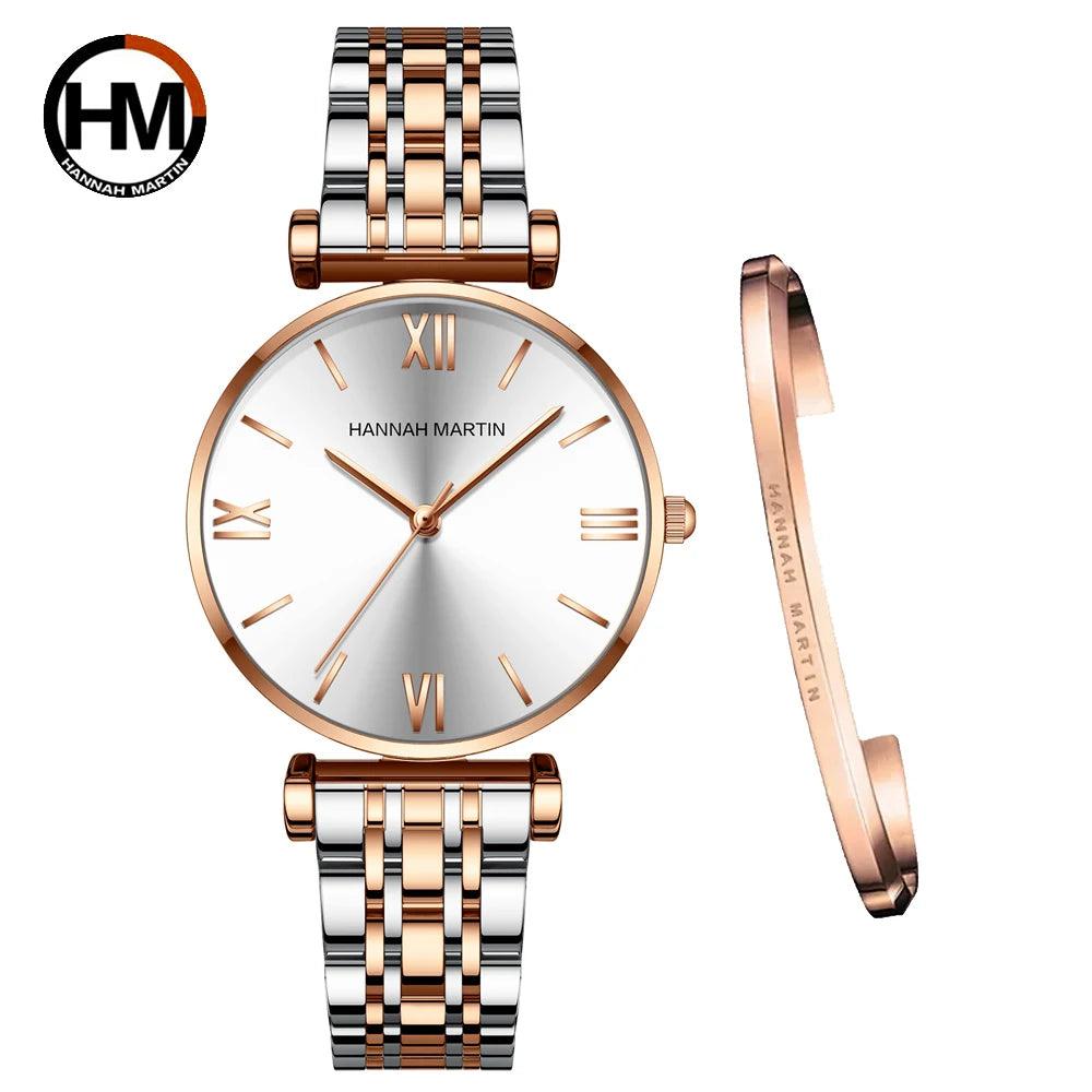 Simple Elegant Round Dial Fashion Stainless Steel Ladies Watches Rose Gold Colour Quartz Wristwatches with Bracelets