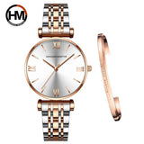 Simple Elegant Round Dial Fashion Stainless Steel Ladies Watches Rose Gold Colour Quartz Wristwatches with Bracelets