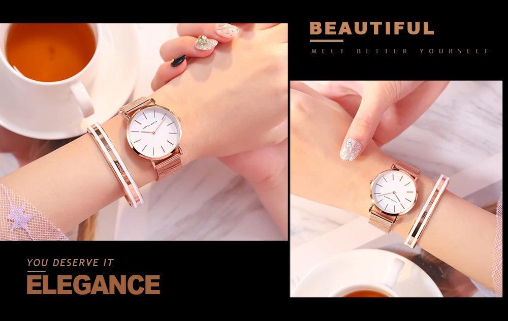 Elegant Creative Design Rose Gold Tone 1 Set Bracelet Quartz Watch Waterproof Stainless Steel Mesh Ladies Watches