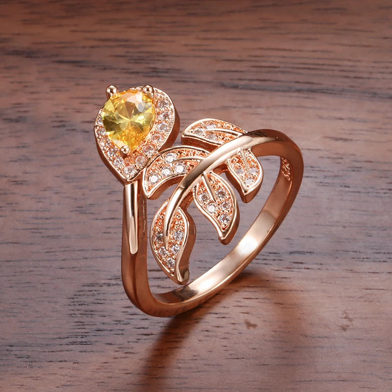 Latest Fashion Hollow Crystal Flower Rolled 14K Rose Gold Yellow AAA Zircon Diamonds Ring  - Fine Jewellery
