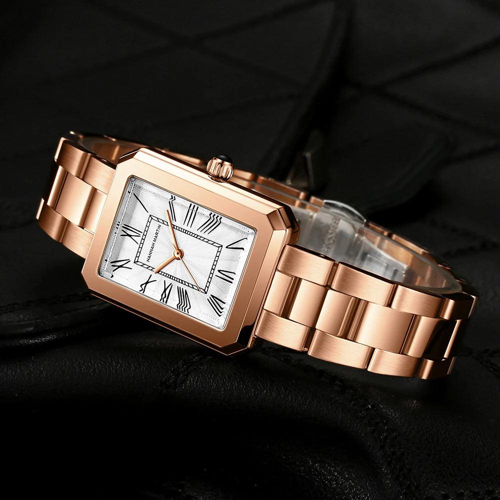 Elegant Female Rose Gold Tone Square Dial Ladies Watches - Fashion Stainless Steel Waterproof Quartz Wristwatches