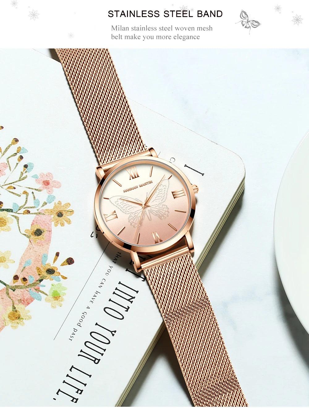 Luxury 3D Butterfly Top Brand Elegant Women Watches Quartz Movement Stainless Steel Waterproof Wristwatches