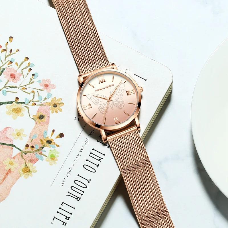 Luxury 3D Butterfly Top Brand Elegant Women Watches Quartz Movement Stainless Steel Waterproof Wristwatches