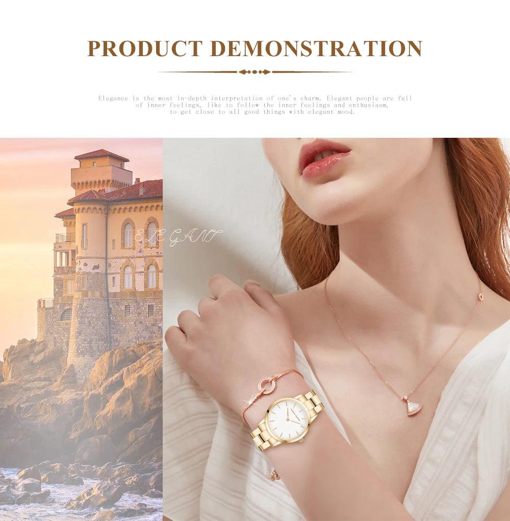 Elegant Rose Gold Plated Round Dial Stain Steel Band Women Watches Japan Movement Quartz Waterproof Wristwatches