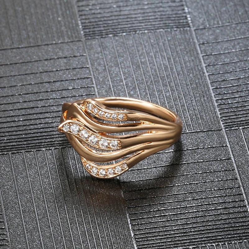 Dazzling Hollow line Wave Ring with 14K Filled Rose Gold  AAA Zircon Diamonds Ethnic Rings - Vintage Fine Jewellery