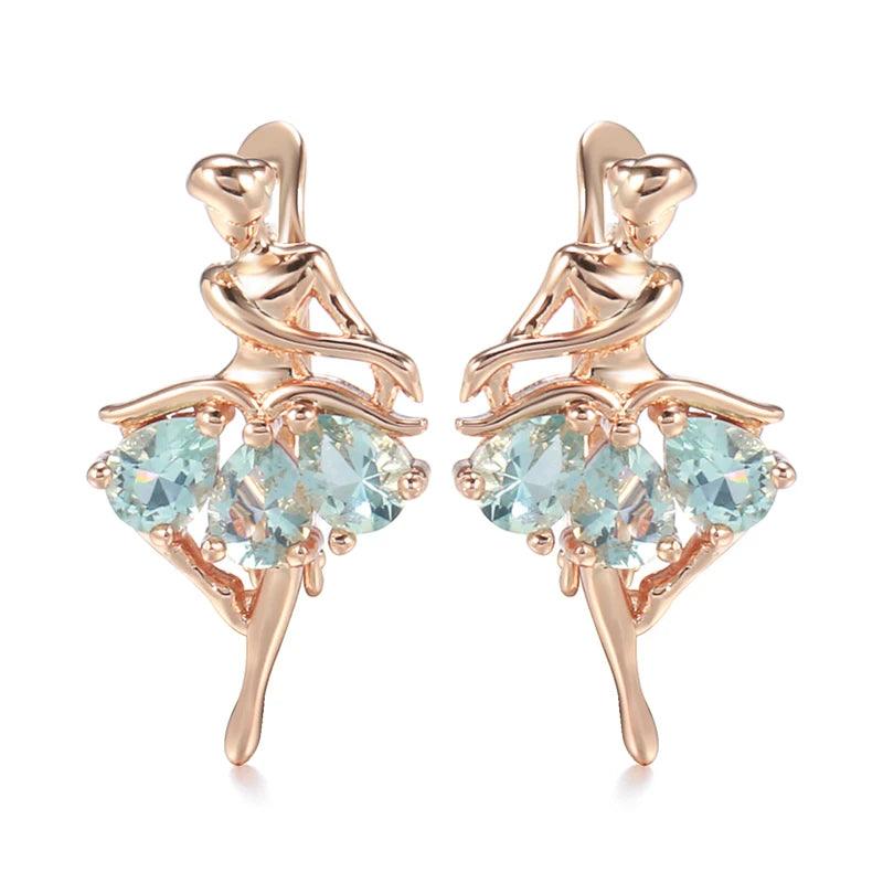 Latest Fashion Elegant Trendy Jewellery 14K Rose Gold Filled Oval Blue AAA Zircon Diamonds Dancing Women Earrings