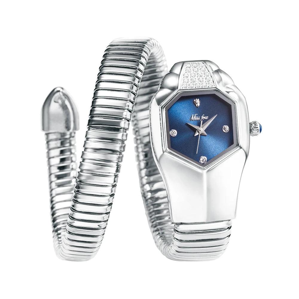 Hot Fashion Stainless Steel Bangle Snake Shape Zircon Diamond Ladies Watches - Quartz Silver Colour Wristwatches