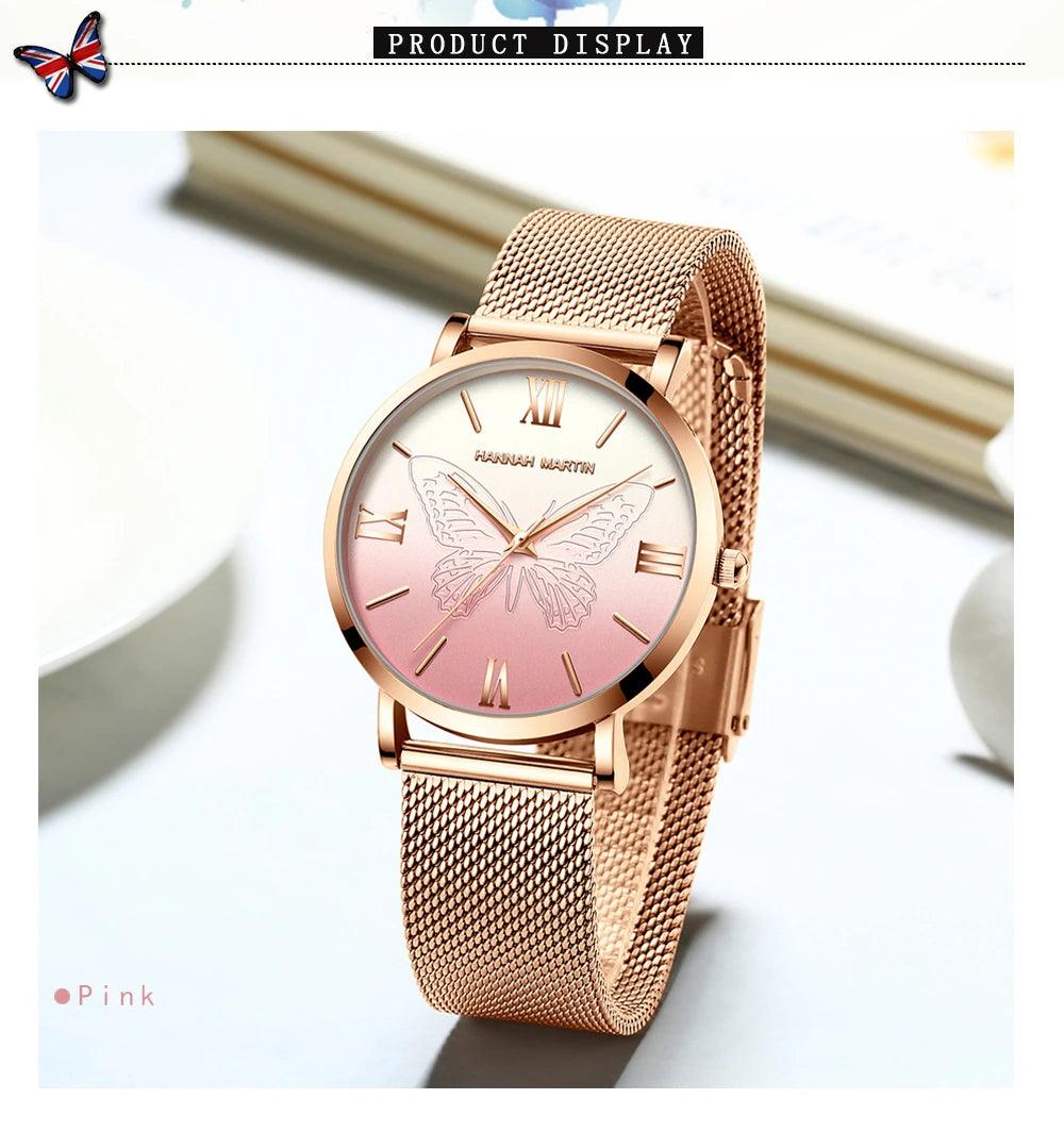 Luxury 3D Butterfly Top Brand Elegant Women Watches Quartz Movement Stainless Steel Waterproof Wristwatches