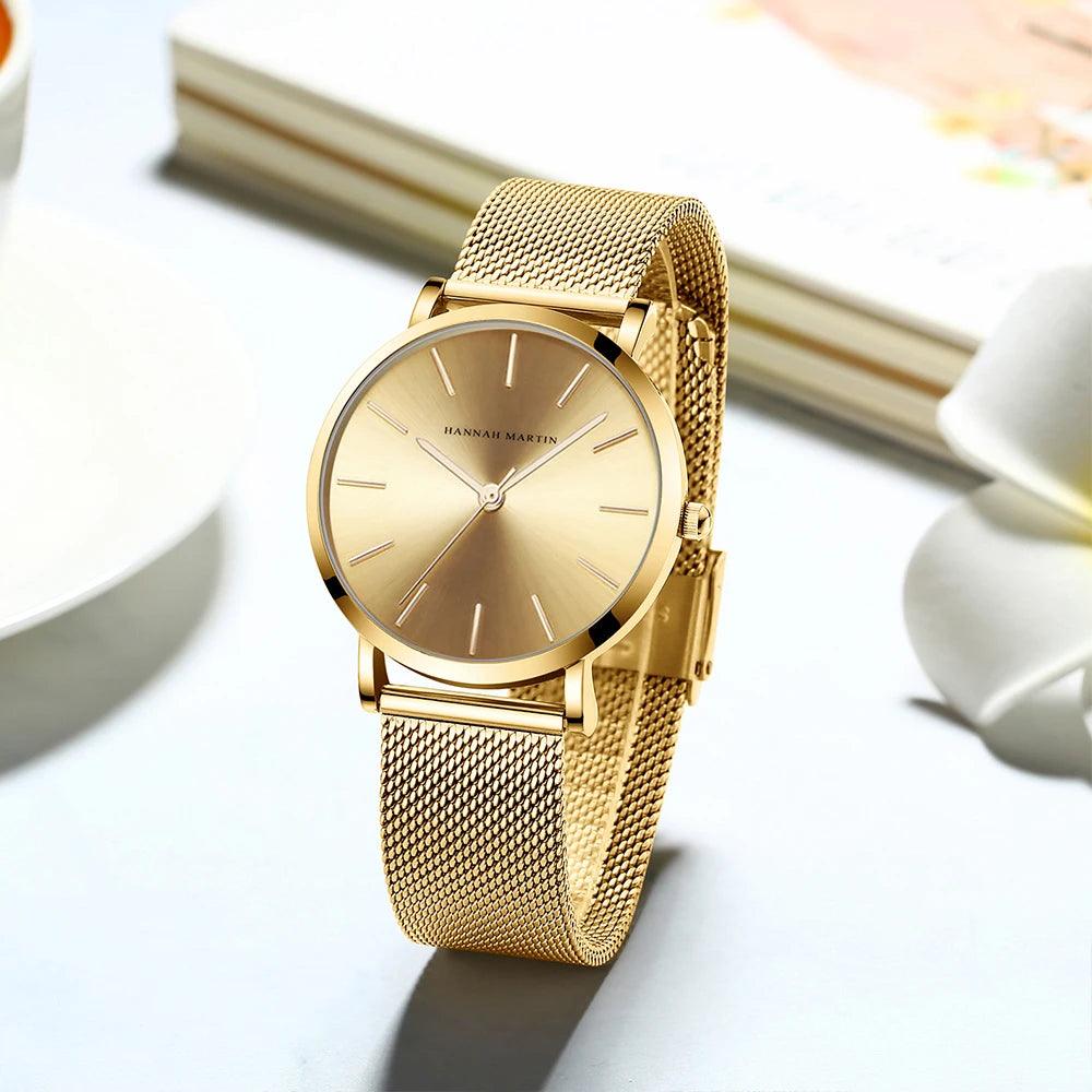 Elegant Simple Design Classic Women Rose Gold Colour Stainless Steel Mesh Casual Waterproof Ladies Quartz Watches