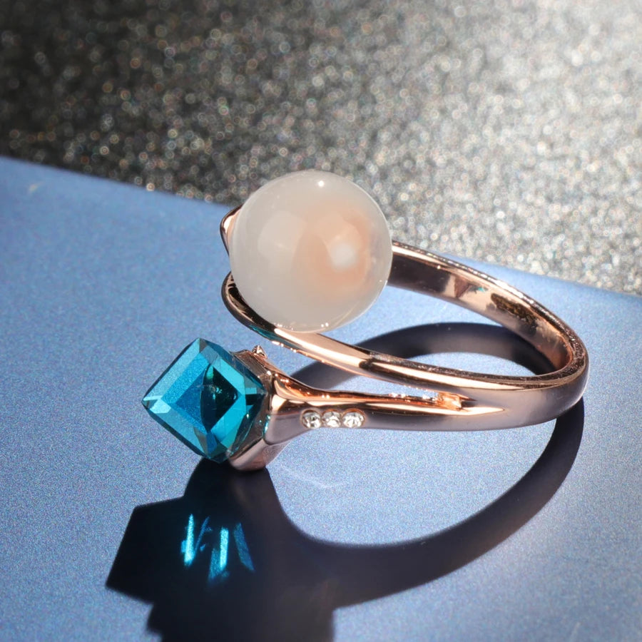 Luxury 14K Rolled Rose Gold Opal and AAA Zircon Blue Crystal Ring For Women - Fashion Jewellery