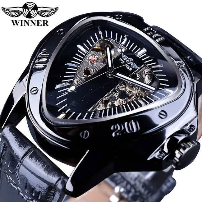 Top Brand Luxury Steampunk Fashion Triangle Golden Skeleton Movement Mysterious Automatic Mechanical Wrist Watches