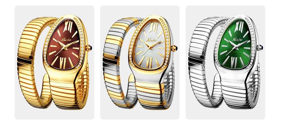 High Quality Top Brand Golden Colour Snakes Shape Ladies Watch Jewellery - Casual Fashion Dress Women's Watches