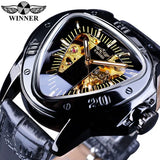 Top Brand Luxury Steampunk Fashion Triangle Golden Skeleton Movement Mysterious Automatic Mechanical Wrist Watches