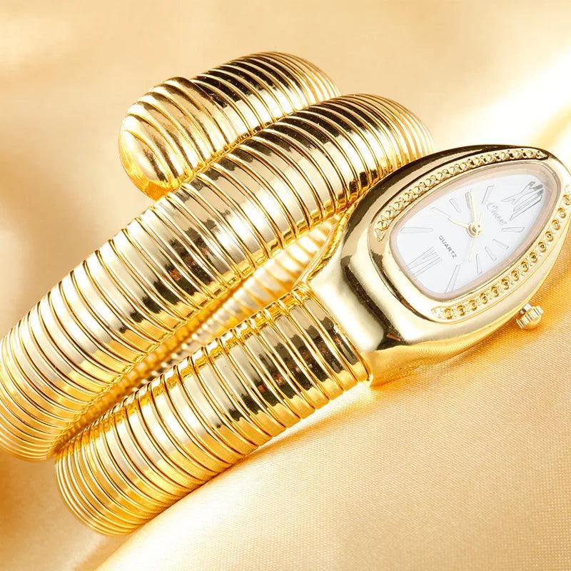 High Quality Fashion Snake Luxury Gold Quartz Winding Bangle Watches with Crystals for Women - Ideal Gift for Ladies