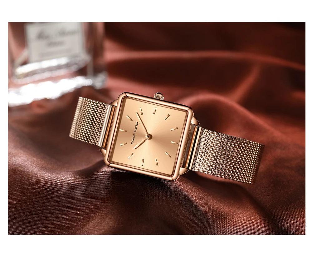 New Arrival Top Brand Elegant Solid Stainless Steel Square Dial Quartz Rose Gold Colour Ladies Watches for Women