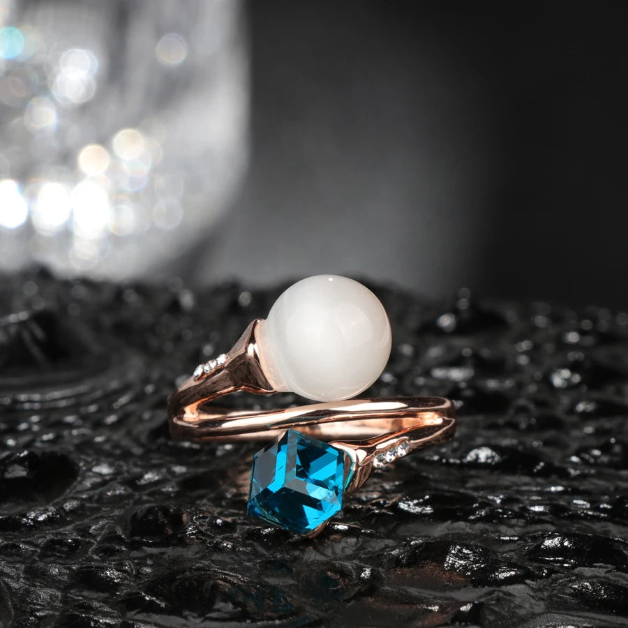 Luxury 14K Rolled Rose Gold Opal and AAA Zircon Blue Crystal Ring For Women - Fashion Jewellery