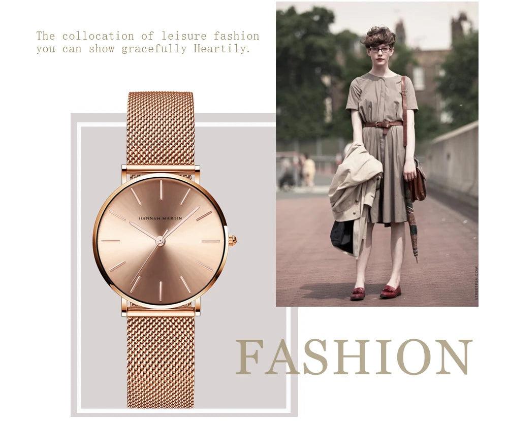 Elegant Simple Design Classic Women Rose Gold Colour Stainless Steel Mesh Casual Waterproof Ladies Quartz Watches