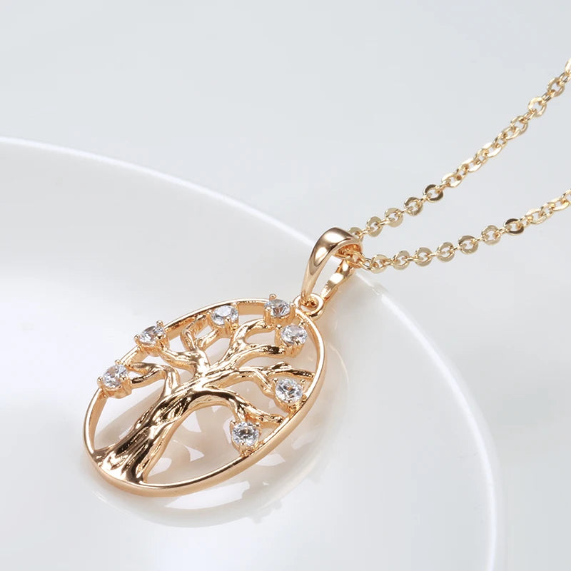 Classic 14K Filled Rose Gold Long Chain Luxury Life Tree Geometric Oval Pendant AAA Zircon Diamonds Necklace