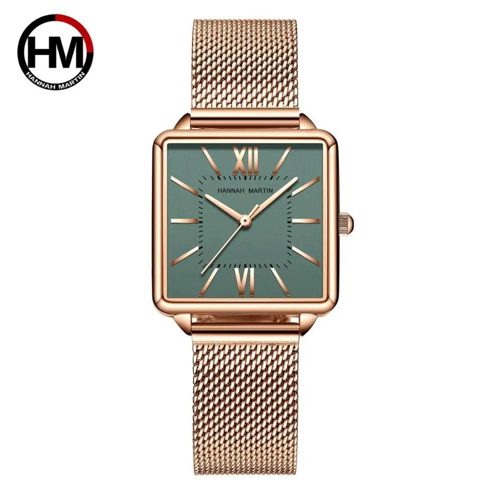 Elegant Green Dial Roman Square Ladies Rose Gold Plated Case Watches Quartz Stainless Steel Fashion Wristwatches