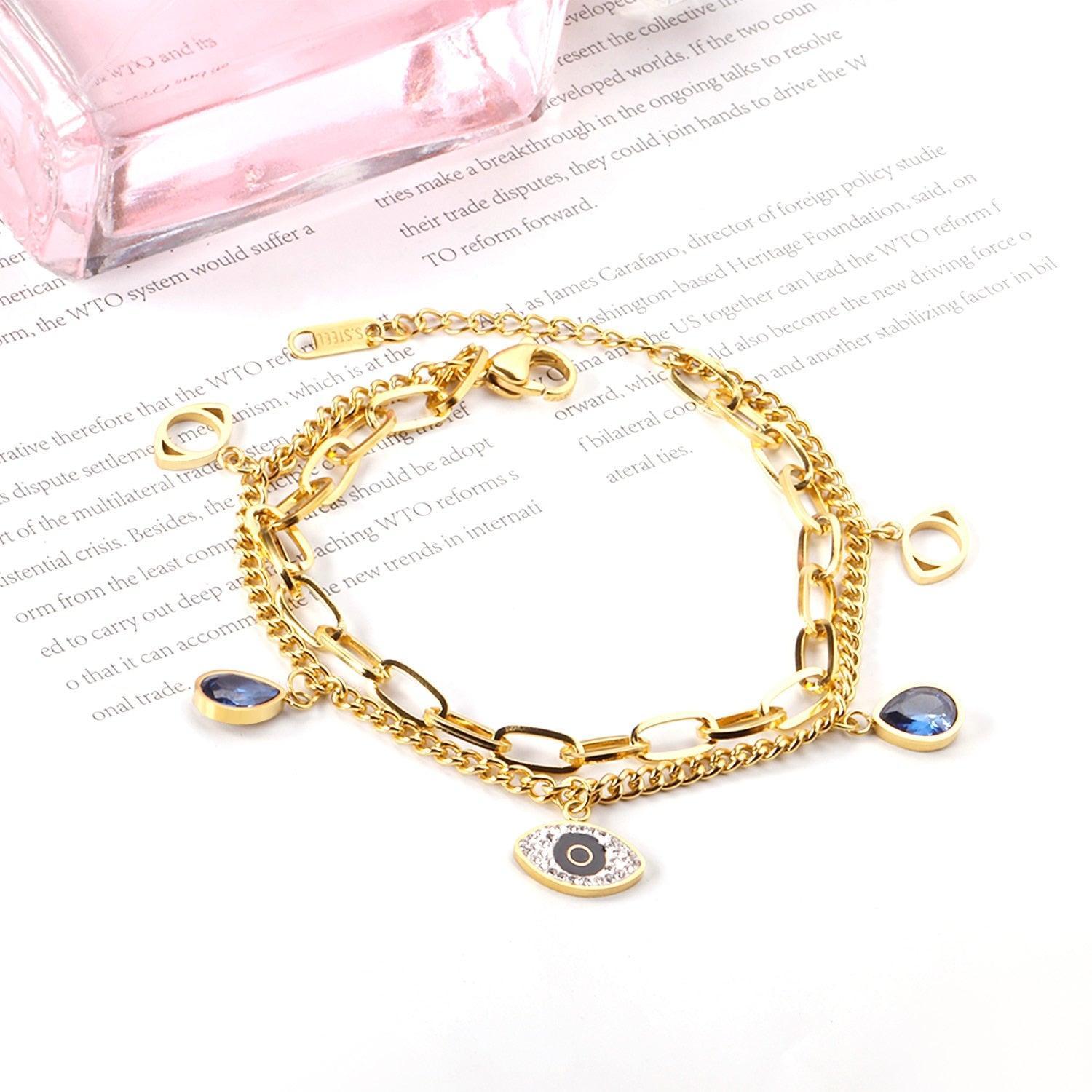 Blue Evil Eye CZ Charm Bracelets - Gold Colour Stainless Steel Drop Water Double Layer Cuban Link Jewellery - The Jewellery Supermarket