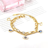 Blue Evil Eye CZ Charm Bracelets - Gold Colour Stainless Steel Drop Water Double Layer Cuban Link Jewellery - The Jewellery Supermarket