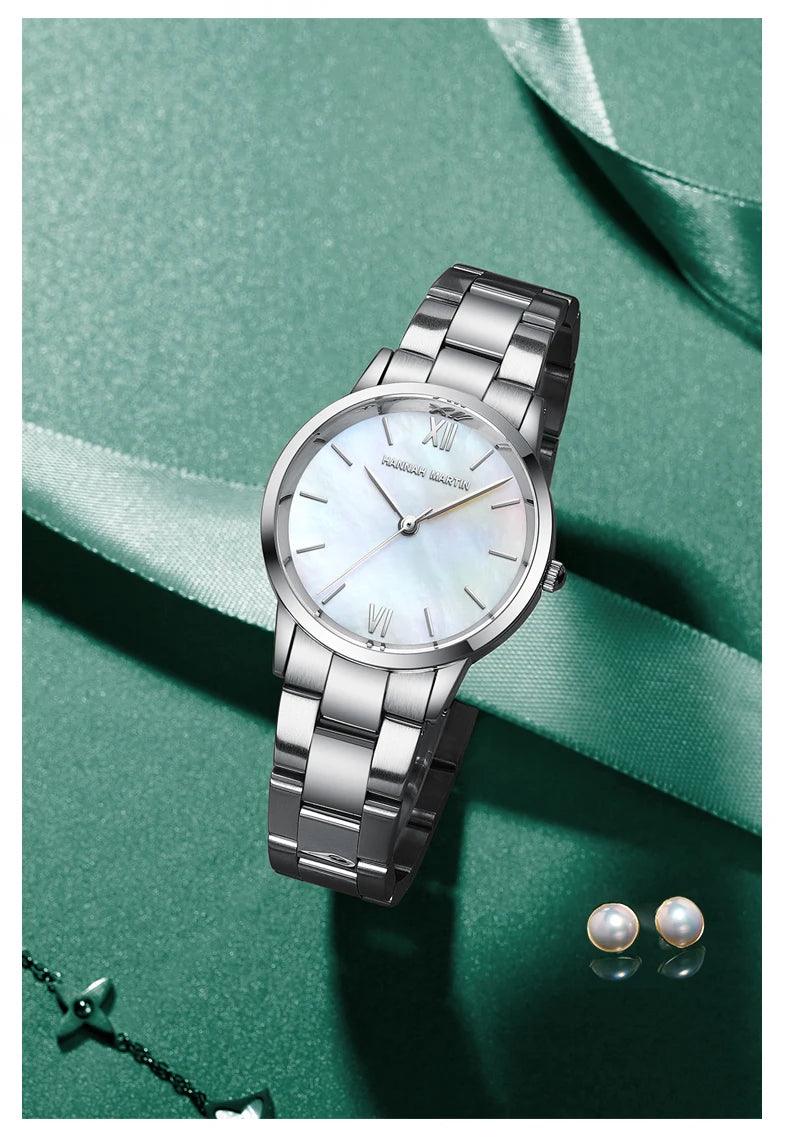 NEW Elegant Quartz Pearl Oyster Jade Stone White Shell Waterproof Ladies Full Stainless Steel Classic Wrist Watches