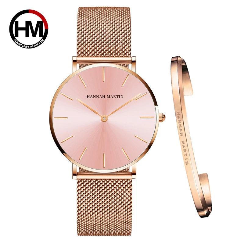 New Arrival Simple Elegant Rose Gold Women Bracelet Watches Set Quartz Movement Stainless Steel Mesh Watches