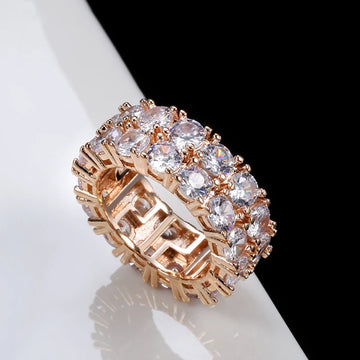 Classic 14K Rolled Rose Gold Hip Hop Double Row Micro-wax Inlay AAA Zircon Diamonds Rings - Fashion Jewellery